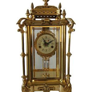 Antique  Solid Pillar Portico  Mantel Gilt Polished Brass Mechanical Column Desk Clock Open Escapement 4 Beveled Glass Panels