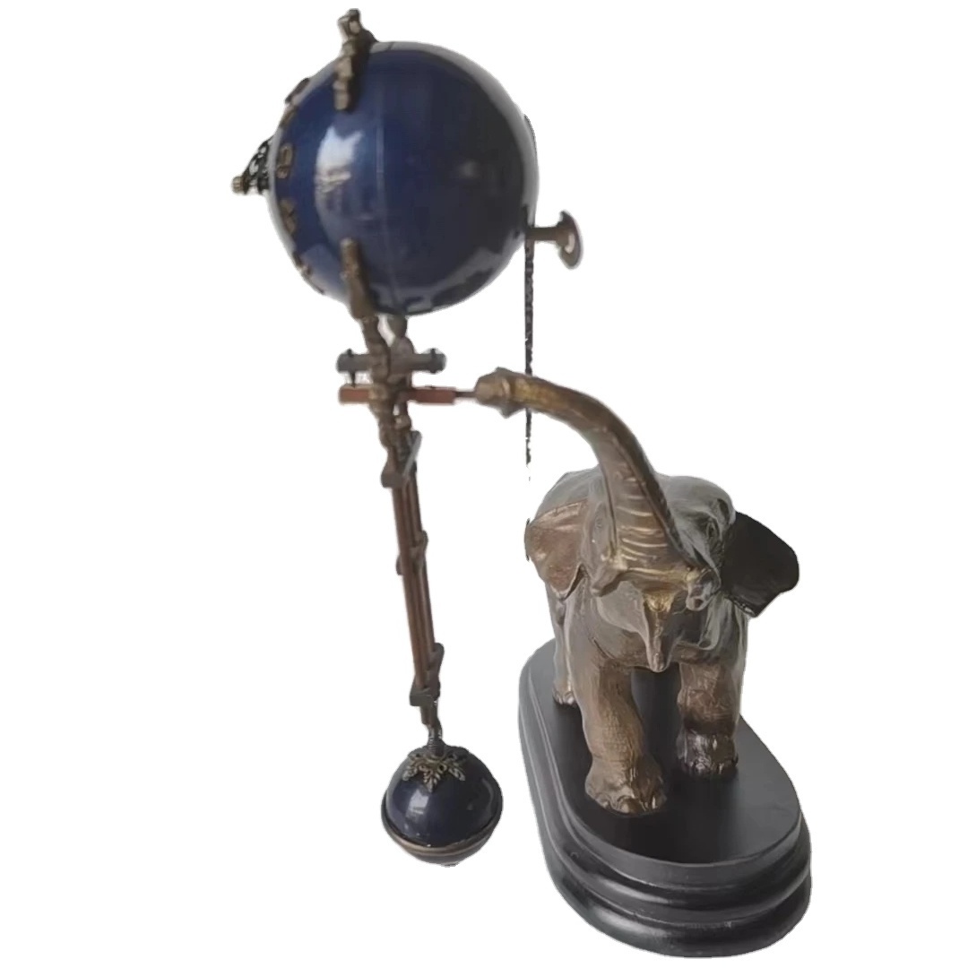 Mystery Antique Elephant Figure Brass Pendulum Swinging Swinger Cobalt Blue Ball Mechanical Table Clock for Collection, decorate