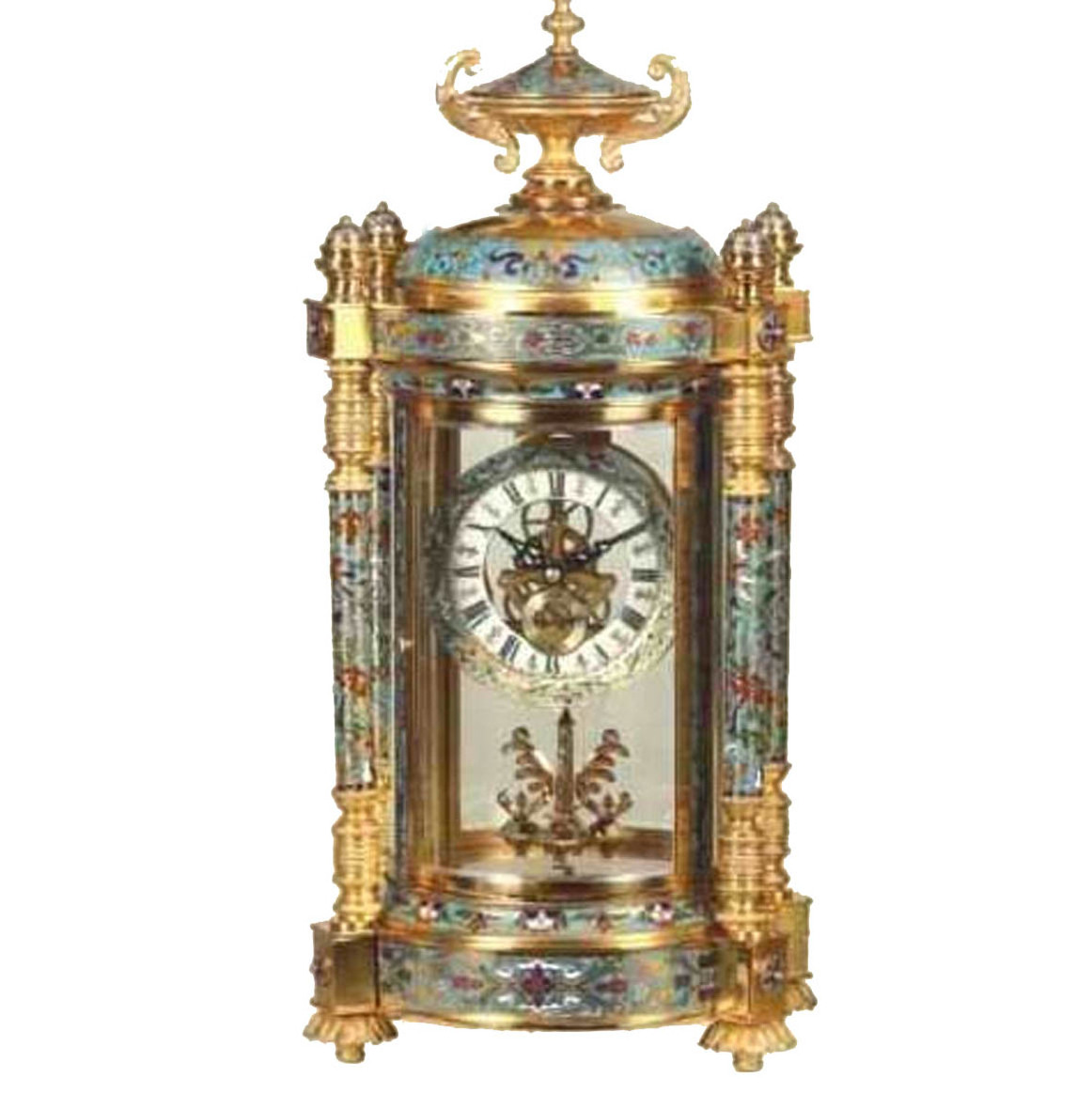 Brass Antique Gilt  French  15 Days Mechanical  Floral Chinese Cloisonne Champleve  Enamel Table/Desk Clock Powered By Battery