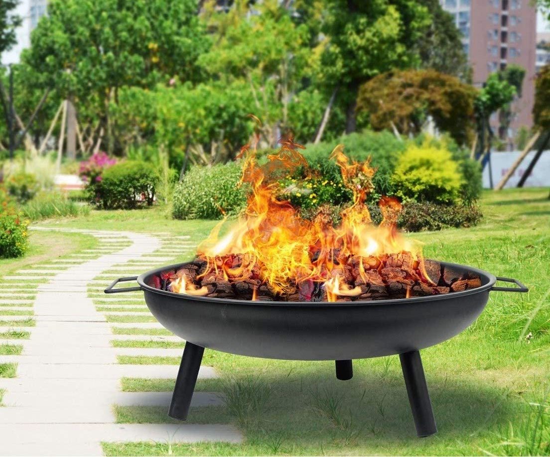 Round  Iron Fire Pit for Garden with Legs Wood Log Burner Portable Heater Fire Bowl for Outdoor Decking Picnics BBQ Camping