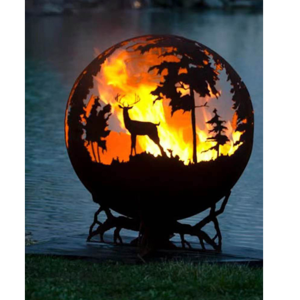 Deer Pinehurst Steel Outdoor Fire Pit Fire Globe Patio back yard Hand Cut Steel Deer Firepit Sphere Garden Fire Bowl