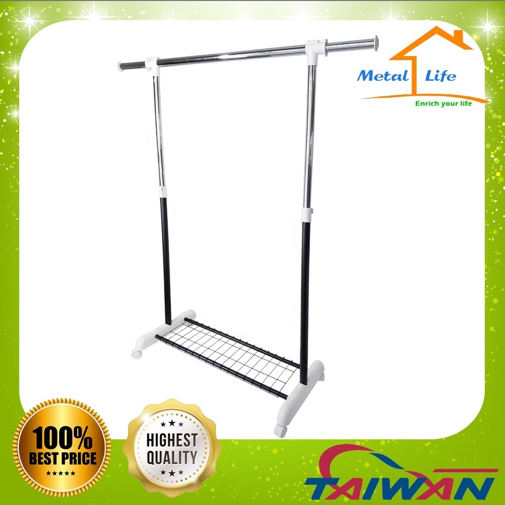 Adjustable Single Telescopic Pole Metal Garment Rack Cloth drying Hanger with shelf