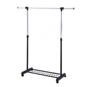 Adjustable Single Telescopic Pole Metal Garment Rack Cloth drying Hanger with shelf