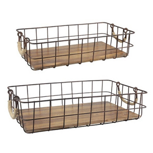 High quality Wooden Bottom Antique vintage Industrial Metal Wire Storage Basket With Handle