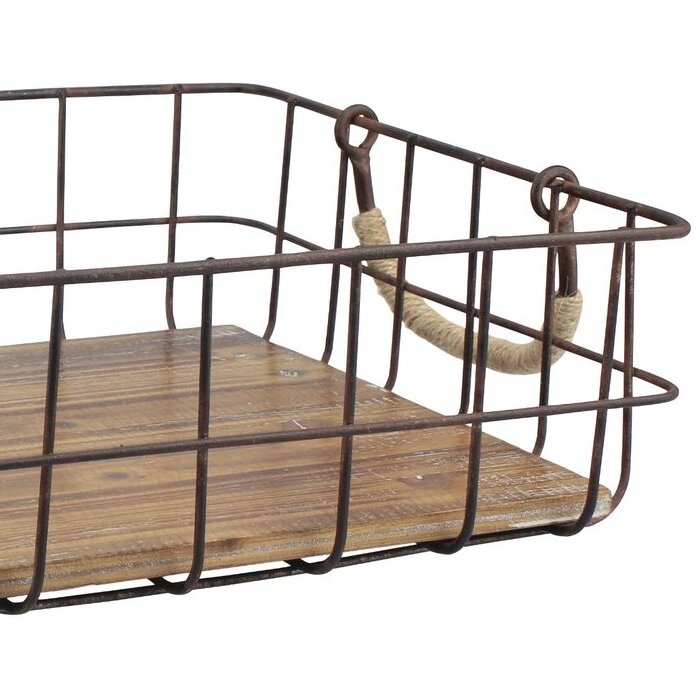 High quality Wooden Bottom Antique vintage Industrial Metal Wire Storage Basket With Handle