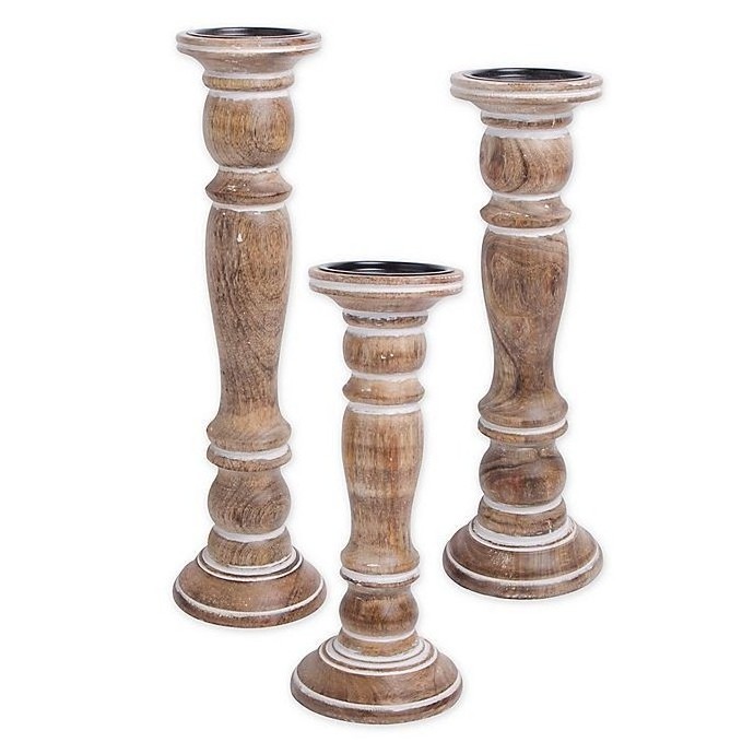 Wooden candle holder set white wash wooden candle stand set of three wooden candle holder