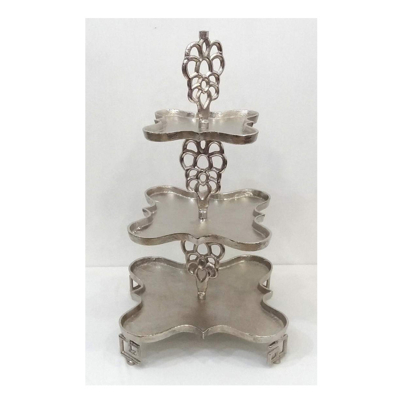 Aluminium Nickel Plated 3 Tier Forged Stem Cake Stand Modern Luxury Fancy Antique Design Decorative Wedding Cake Stand Server