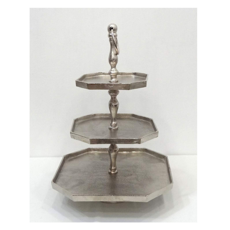 Aluminium Nickel Plated 3 Tier Forged Stem Cake Stand Modern Luxury Fancy Antique Design Decorative Wedding Cake Stand Server