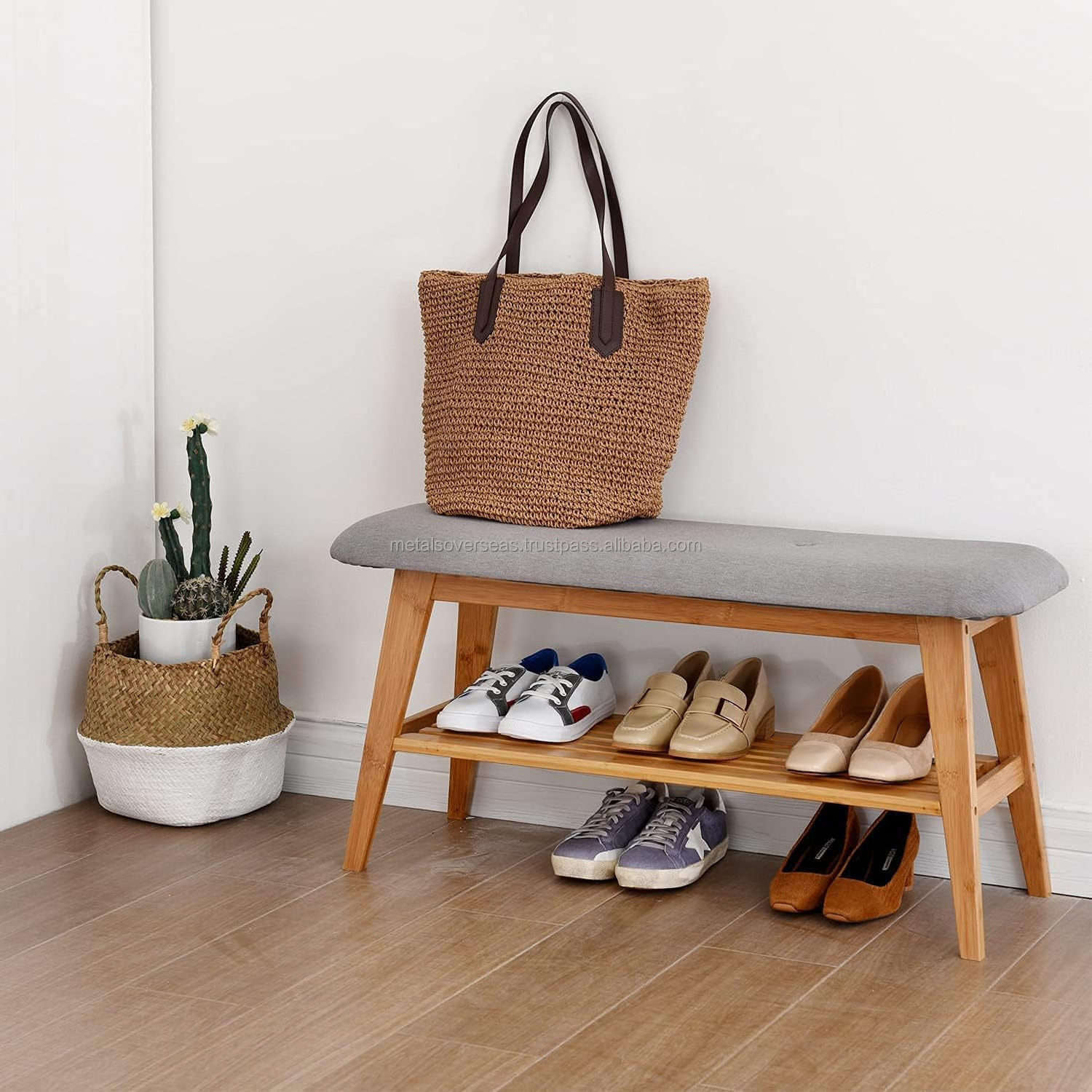 Top selling Shoe Entryway Bench Bamboo Shoe Rack Bench Organizer with 2 Tier Storage Simple Style Good Load Bearing