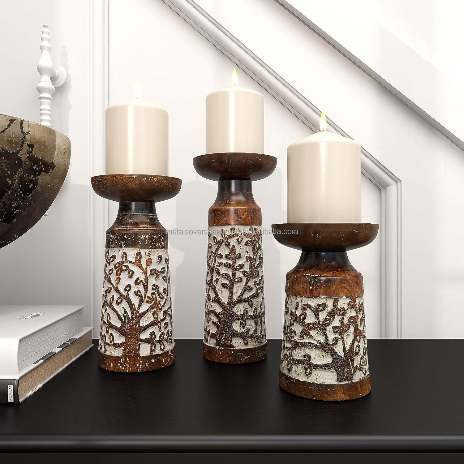 bulk supplier Mango Wood Candle Holder Set of 3 Brown Pillar Style Distressed Shaped Light S/3 Finished Traditional