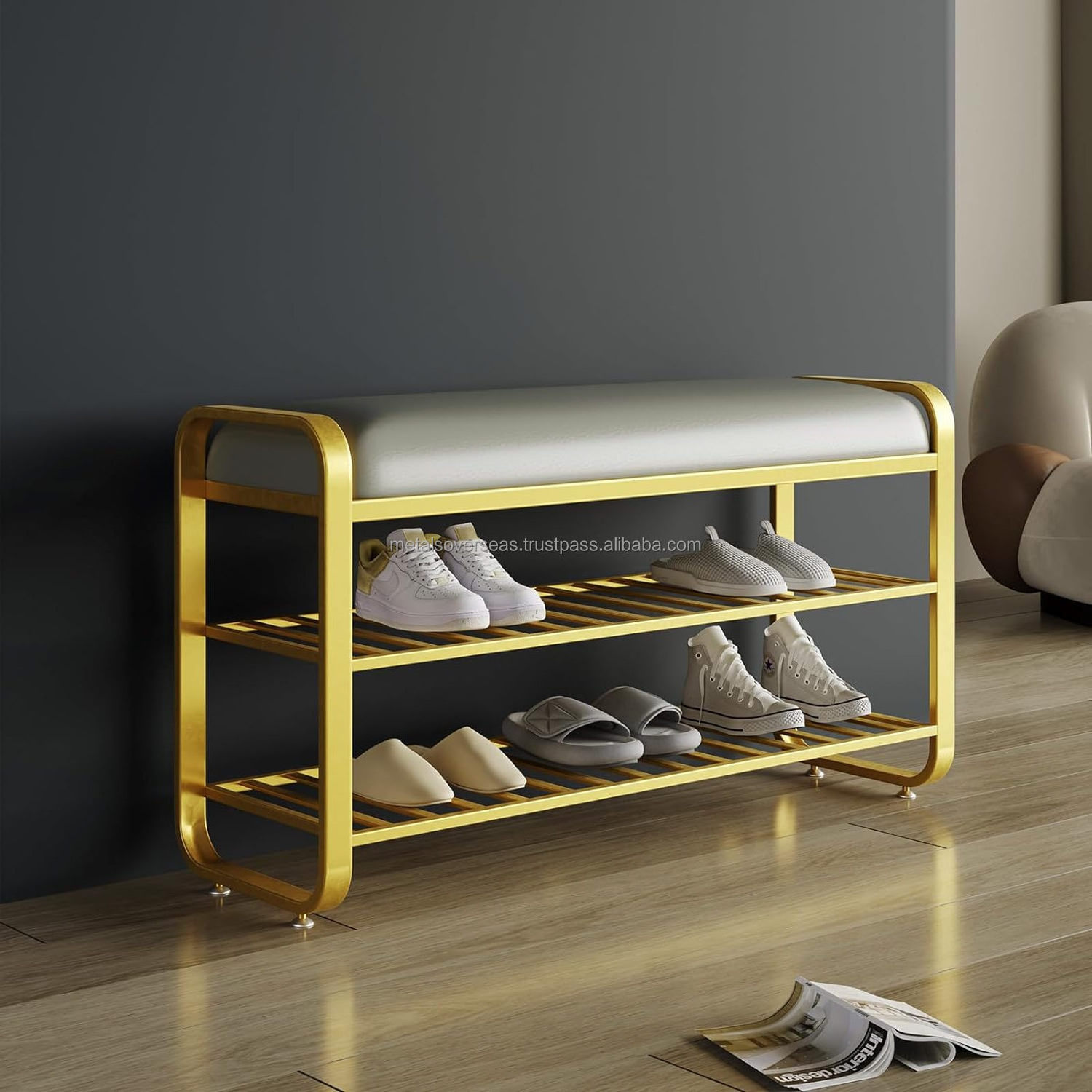 hot selling Shoe Rack Bench with Cushion Padded seat entryway Bench with Storage 3-Tier Metal Storage for entrywa