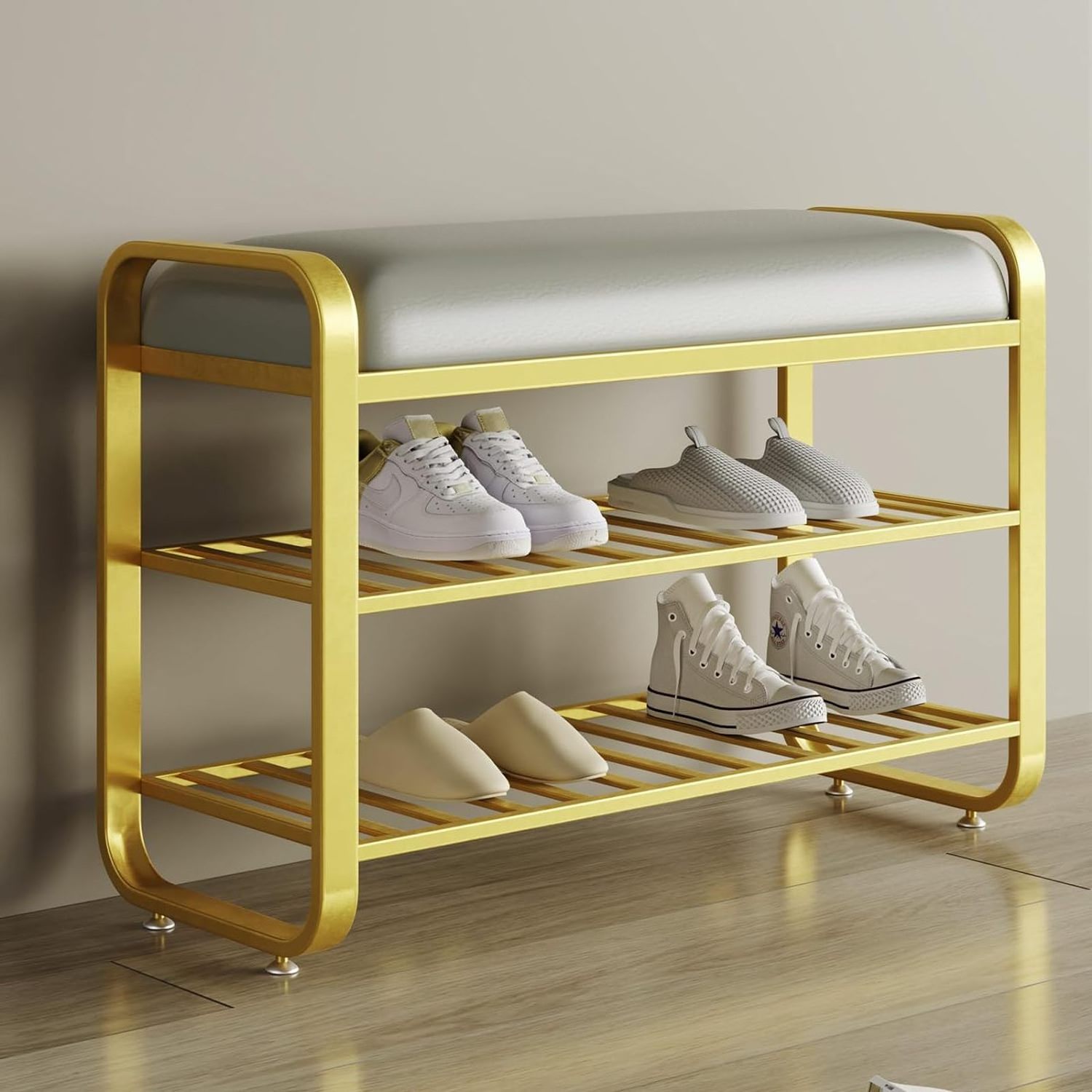 hot selling Shoe Rack Bench with Cushion Padded seat entryway Bench with Storage 3-Tier Metal Storage for entrywa