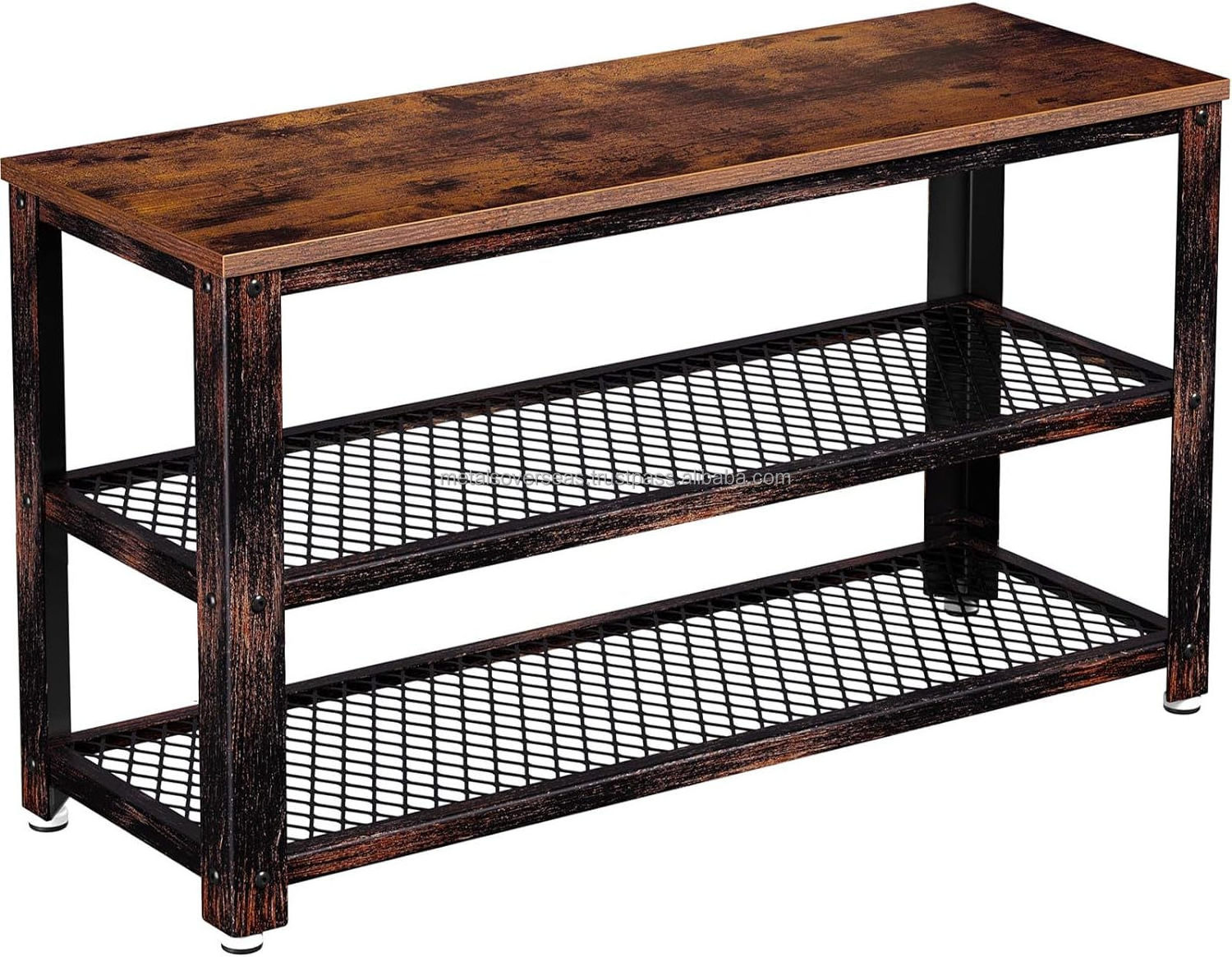 hoe Bench 3-Tier Shoe Rack 28.7 Storage Entry Bench with Mesh Shelves Wood Seat Rustic Foyer Bench for Hallway Front Door