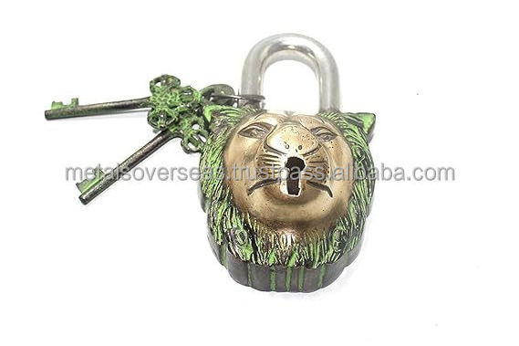 Hot sale Antique Design Brass Padlock Lion Face Shape Door Functional lock made in India by Metal Overseas