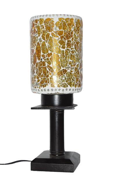 Mosaic Design Glass Shade Table Lamp with Wooden Base for Home/Office Decoration Yellow