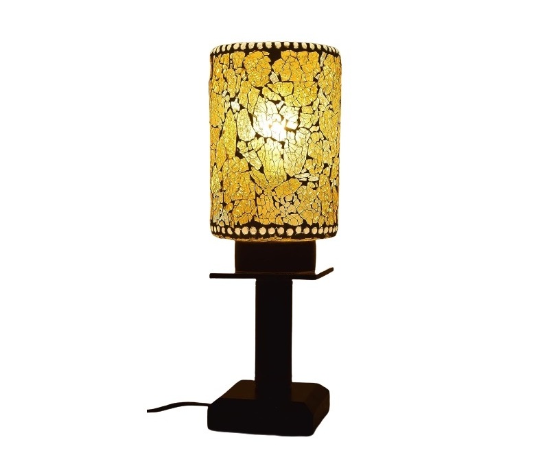 Mosaic Design Glass Shade Table Lamp with Wooden Base for Home/Office Decoration Yellow