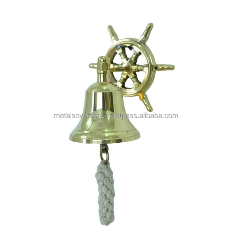 Brown Antique Brass Hand Bell with Wooden Handle Nautical Brass Ship Bell in Antique Style by Nautical Art Home