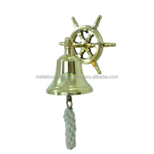 Brown Antique Brass Hand Bell with Wooden Handle Nautical Brass Ship Bell in Antique Style by Nautical Art Home