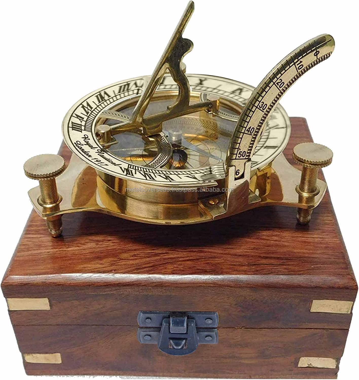 Marine Brass Shining Sundial Compass in Wooden Box Collectible Nautical Brass Sundial with Compass Brass Maritime Compass