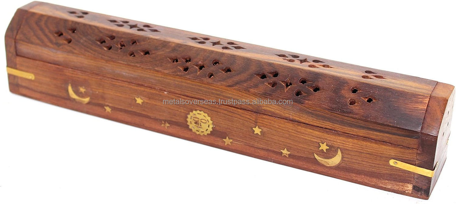 Wooden Coffin Incense Burner 12 inch  Sun Moon Star Brass Inlays Storage Compartment