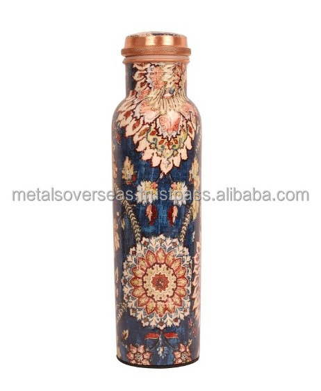 bulk supplier Pure Copper Printed Water Bottle Designer Copper Bottle 1 Litre Leak Proof Jointless Seamless Capacity 1000 m