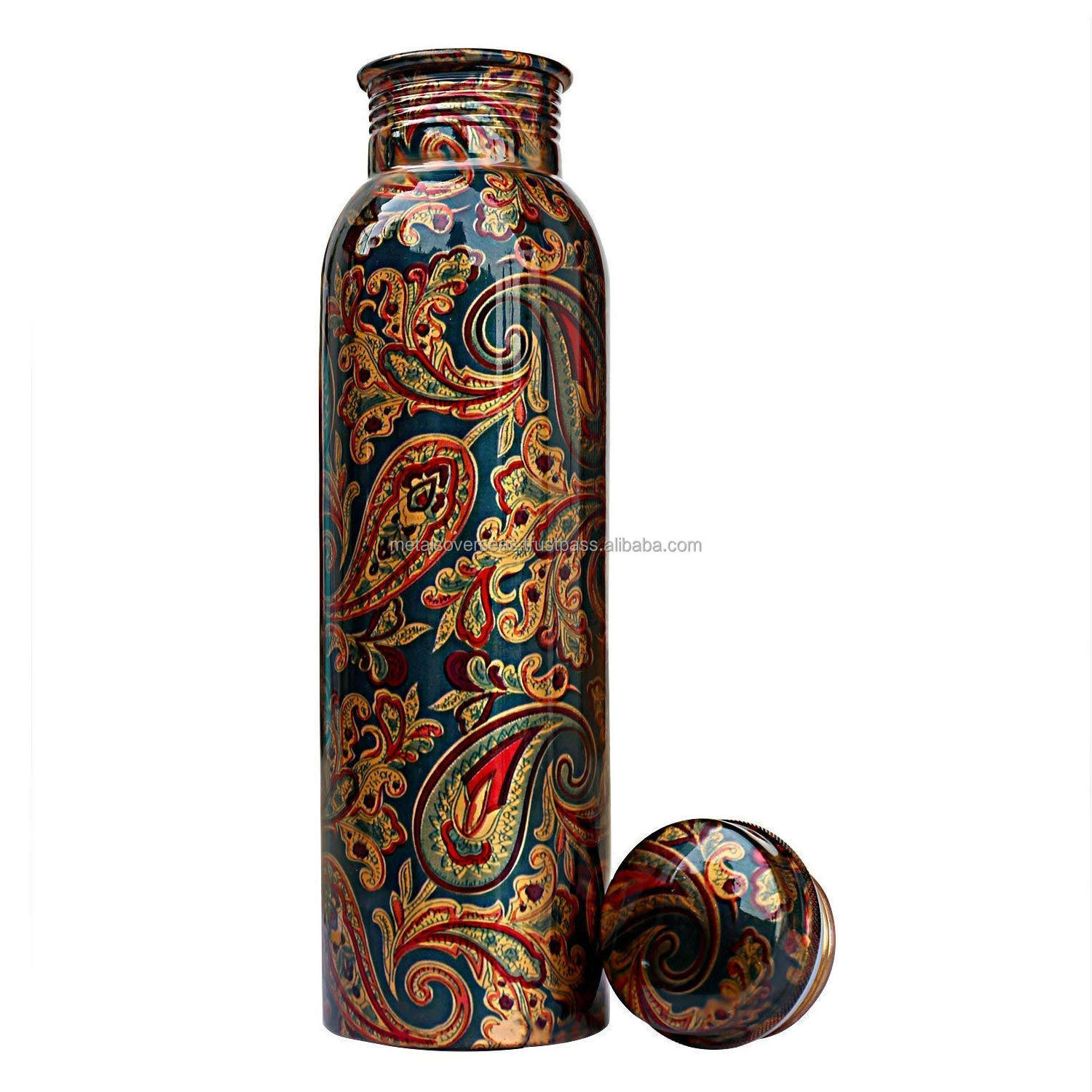 bulk supplier Pure Copper Printed Water Bottle Designer Copper Bottle 1 Litre Leak Proof Jointless Seamless Capacity 1000 m