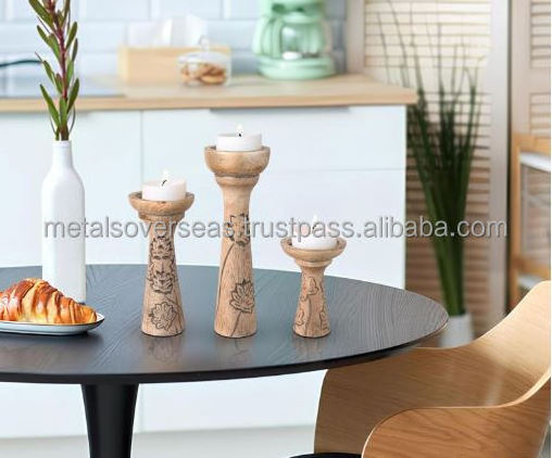 customized design Lotus Vine Candle Holders for Pillar Candles Natural Over Grey Set of 3 Mango wood Candle Stand