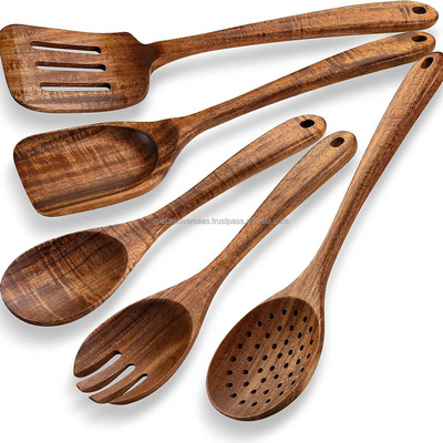 Kitchen Wooden Spoons Utensils Set for Cooking 5 Piece Acacia Wood Spoon Cooking Utensils Apartment Essentials Wooden Turner Sp