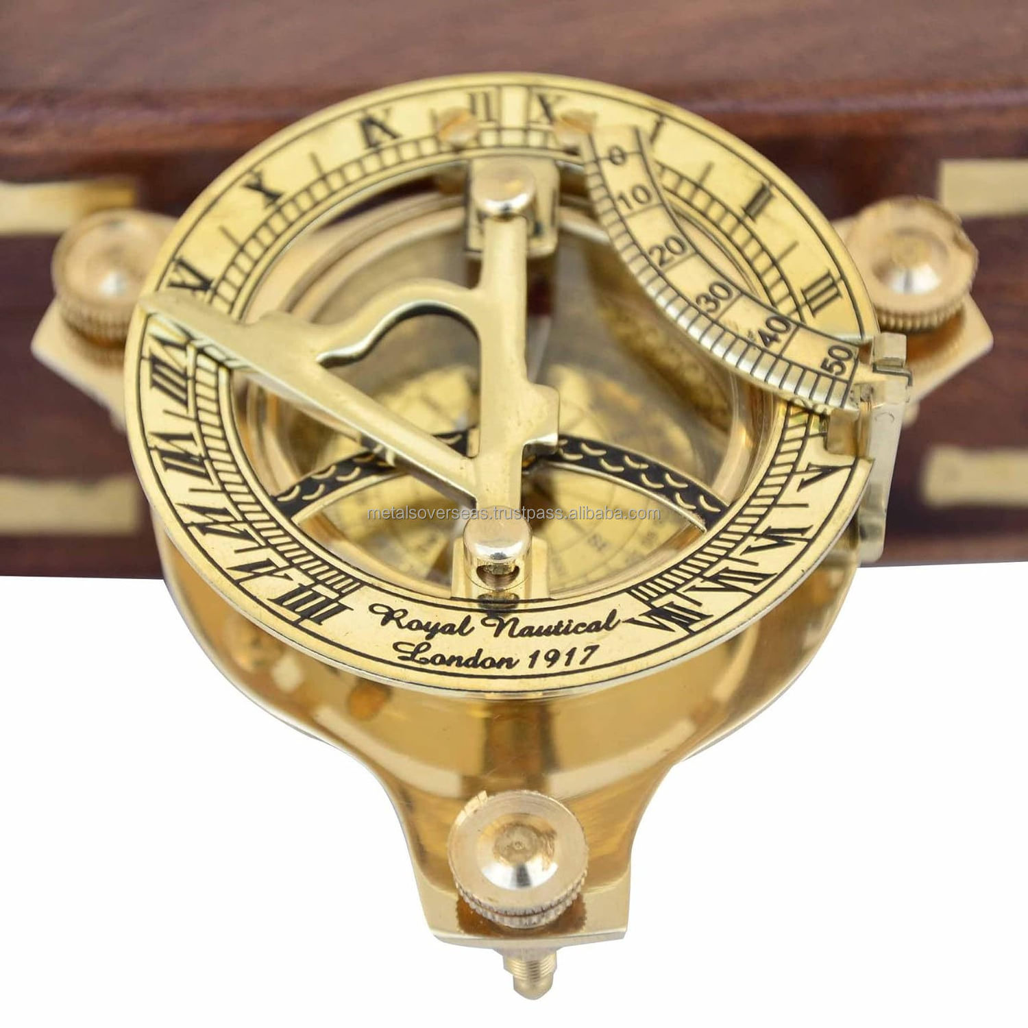 Marine Brass Shining Sundial Compass in Wooden Box Collectible Nautical Brass Sundial with Compass Brass Maritime Compass