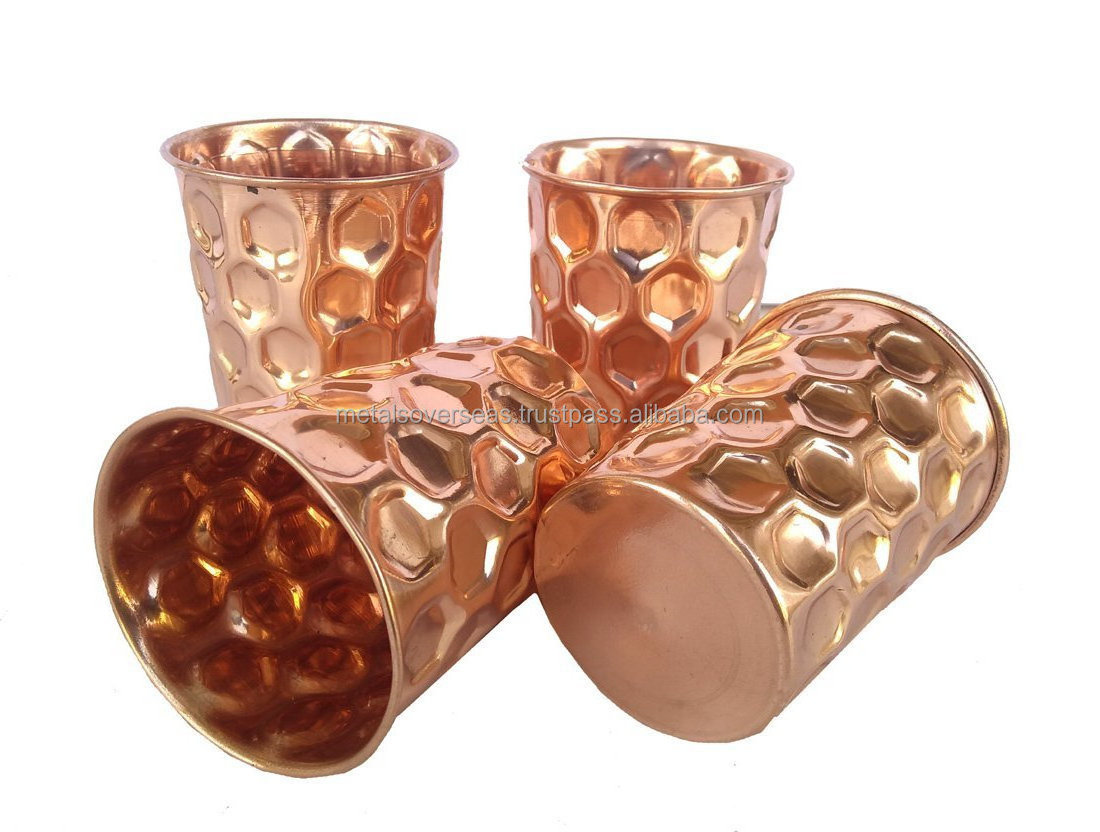 Pure Copper Water Jug Pitcher Utensil 1500 ml & 300 ml Glass Diamond Cut Shape Drink Ware Set1 JUG 4 Glass