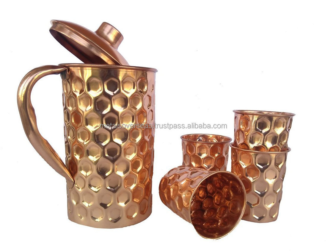 Pure Copper Water Jug Pitcher Utensil 1500 ml & 300 ml Glass Diamond Cut Shape Drink Ware Set1 JUG 4 Glass