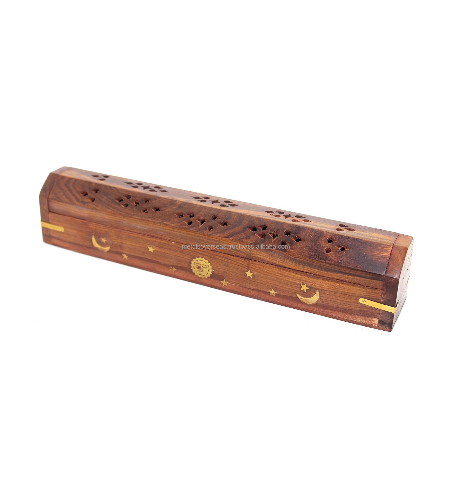 Wooden Coffin Incense Burner 12 inch  Sun Moon Star Brass Inlays Storage Compartment