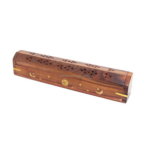 Wooden Coffin Incense Burner 12 inch  Sun Moon Star Brass Inlays Storage Compartment