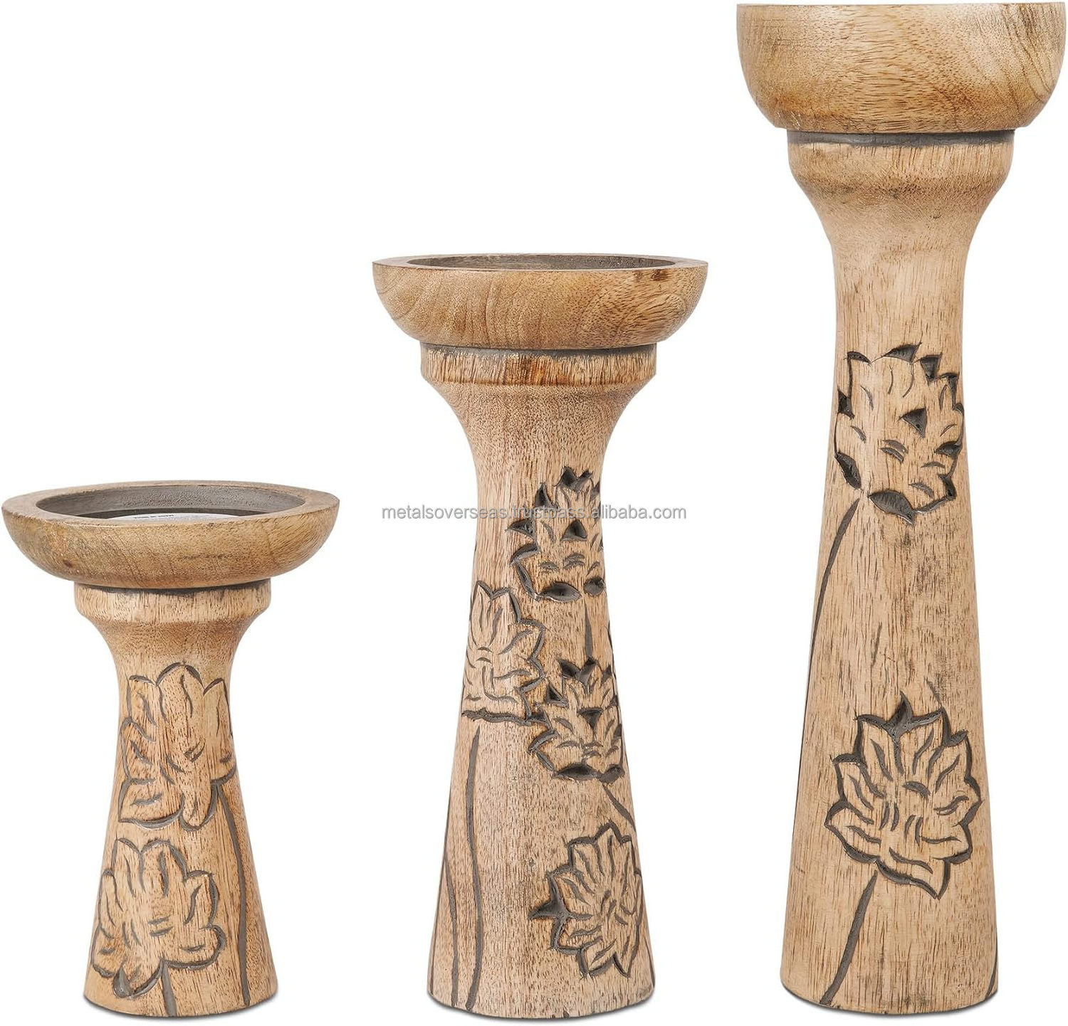 customized design Lotus Vine Candle Holders for Pillar Candles Natural Over Grey Set of 3 Mango wood Candle Stand