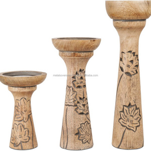 customized design Lotus Vine Candle Holders for Pillar Candles Natural Over Grey Set of 3 Mango wood Candle Stand