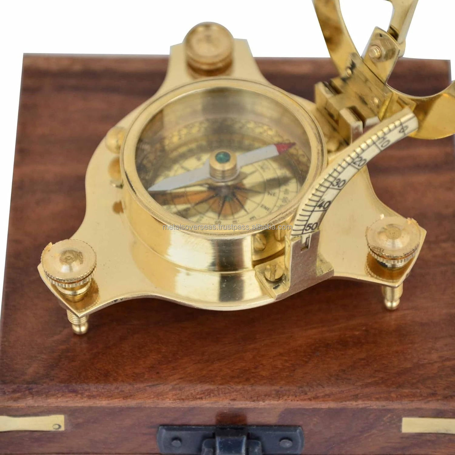 Marine Brass Shining Sundial Compass in Wooden Box Collectible Nautical Brass Sundial with Compass Brass Maritime Compass