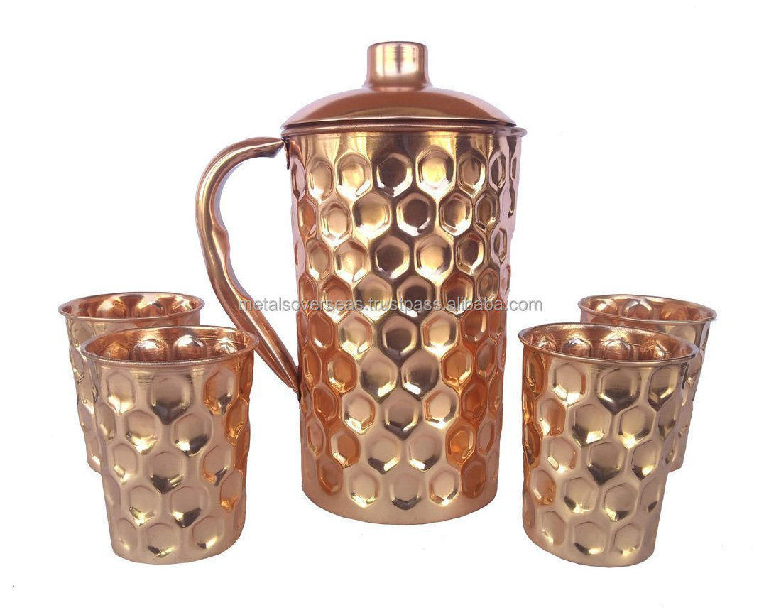 Pure Copper Water Jug Pitcher Utensil 1500 ml & 300 ml Glass Diamond Cut Shape Drink Ware Set1 JUG 4 Glass