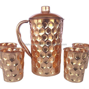 Pure Copper Water Jug Pitcher Utensil 1500 ml & 300 ml Glass Diamond Cut Shape Drink Ware Set1 JUG 4 Glass