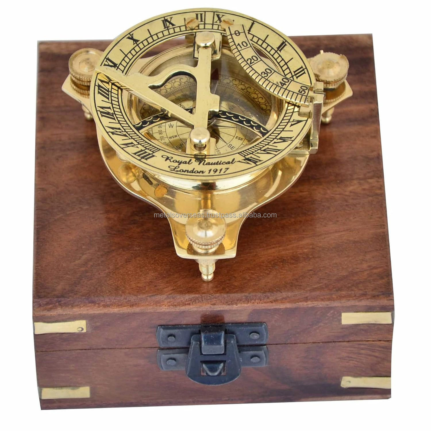 Marine Brass Shining Sundial Compass in Wooden Box Collectible Nautical Brass Sundial with Compass Brass Maritime Compass