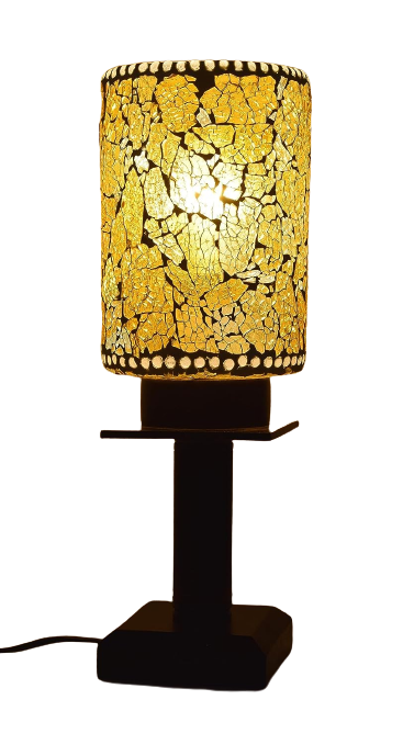 Mosaic Design Glass Shade Table Lamp with Wooden Base for Home/Office Decoration Yellow