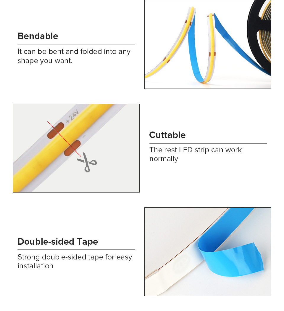 High Quality Light Material Copper DC 12v 24v IP65 Waterproof 480 Leds/m 10w/m 2700k~6000k Warm White Soft COB LED Strip