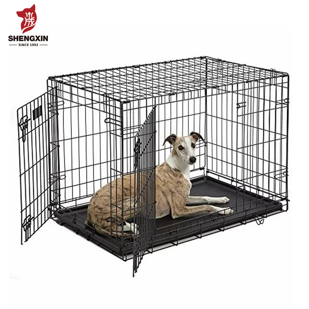 Large Dog Crate Carriers Houses Dog Kennel Metal Wire Double-Door Folding Pet Animal Pet Cage with Plastic Tray and Handle