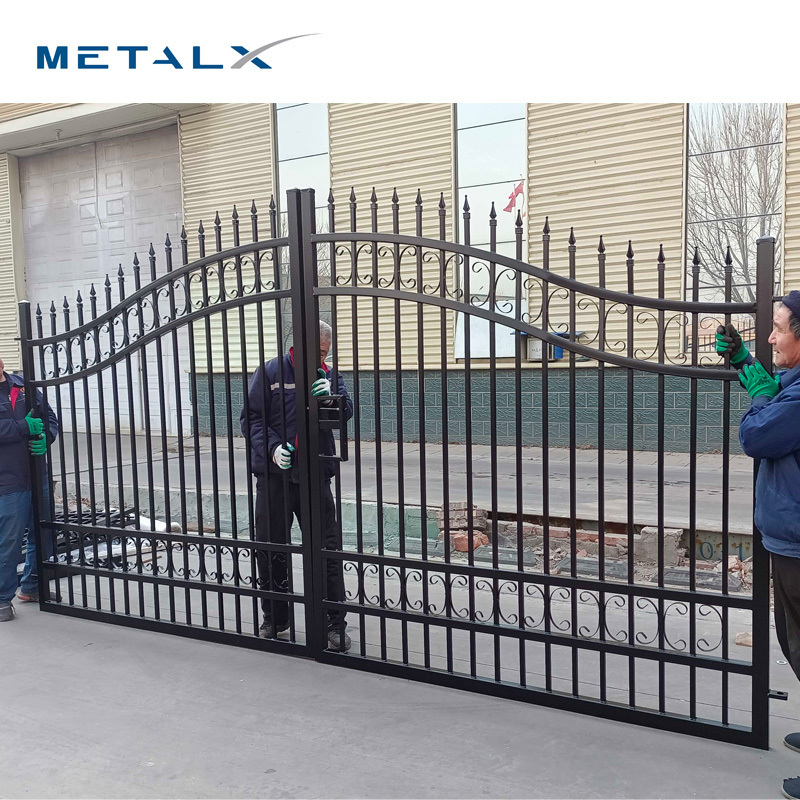 High quality powder coated folding walk through model simple sliding main metal pipe gate designs