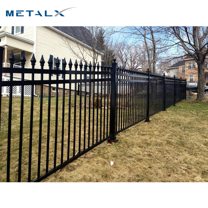 Metalx galvanized and powder coated 3 rails spear top steel fence residential grade wrought iron fence for sale