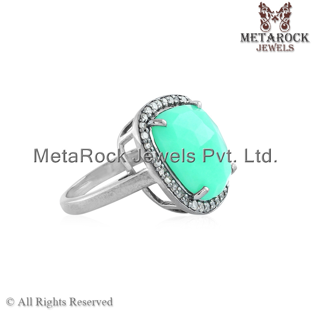 Rose Cut Chrysoprase Gemstone Oxidized 925 Silver Pave Diamond Designer Cocktail Ring Jewelry Wholesale Handmade Women's Ring