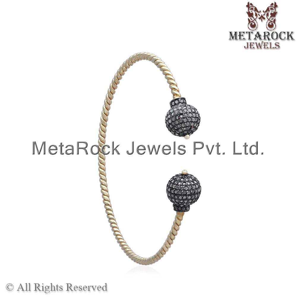 Oxidized 925 Silver Rose Cut Pave Diamond Yellow Vermeil Band Handmade Cuff Bangle Bracelet Women's Jewelry