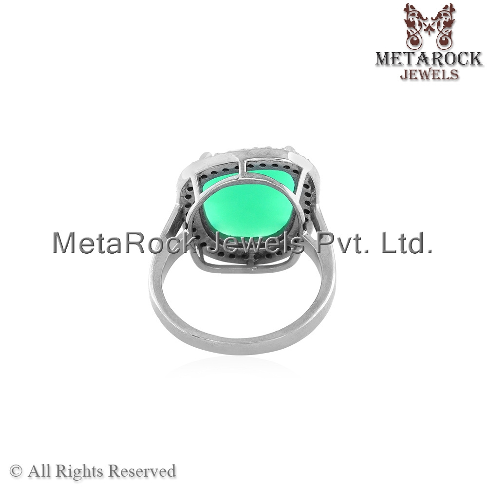 Rose Cut Chrysoprase Gemstone Oxidized 925 Silver Pave Diamond Designer Cocktail Ring Jewelry Wholesale Handmade Women's Ring