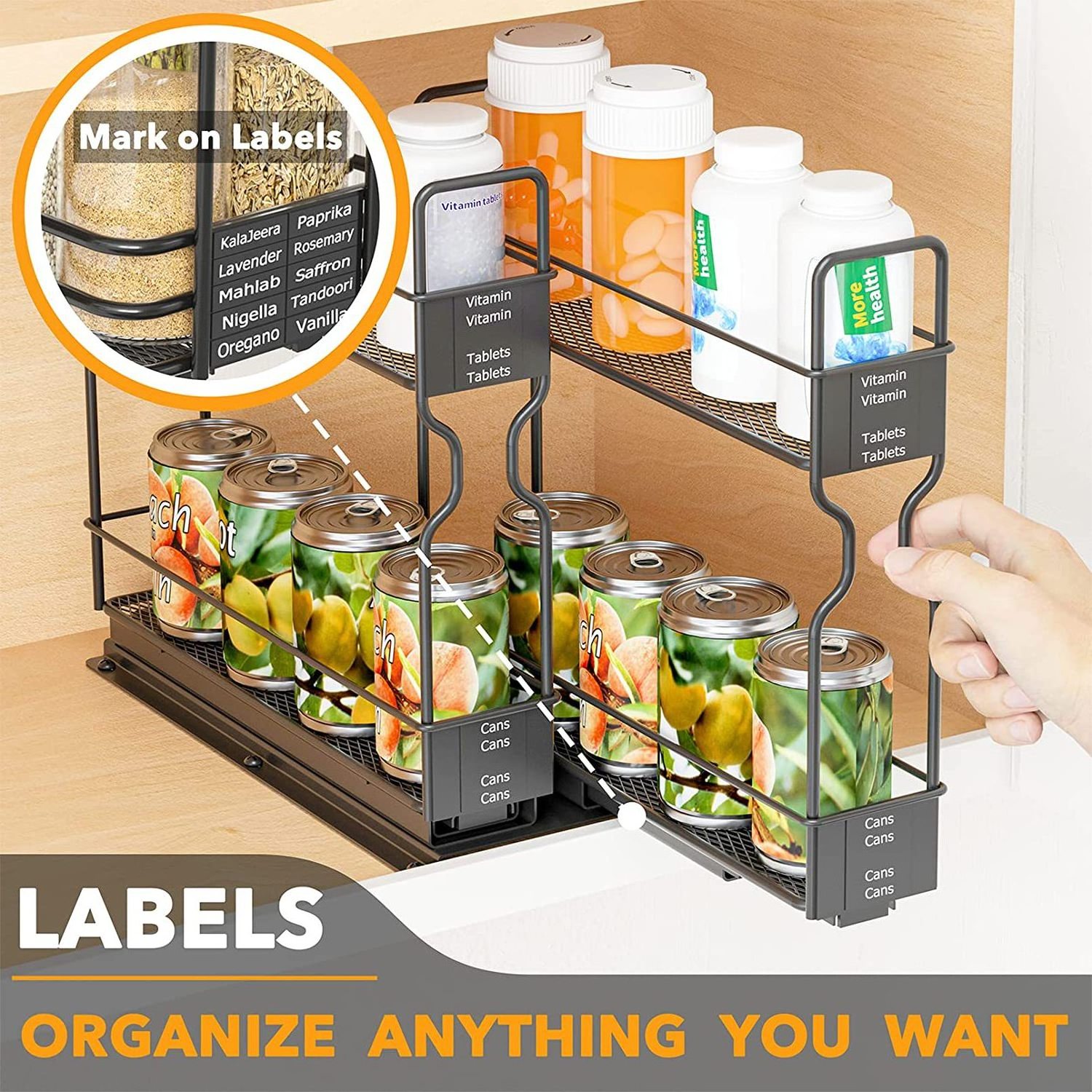 Closet Spice Rack Organizer For Cabinet Heavy Duty Seasoning 2 Tier Kitchen Rack Metal Storage Stand Slide Out Cabinet