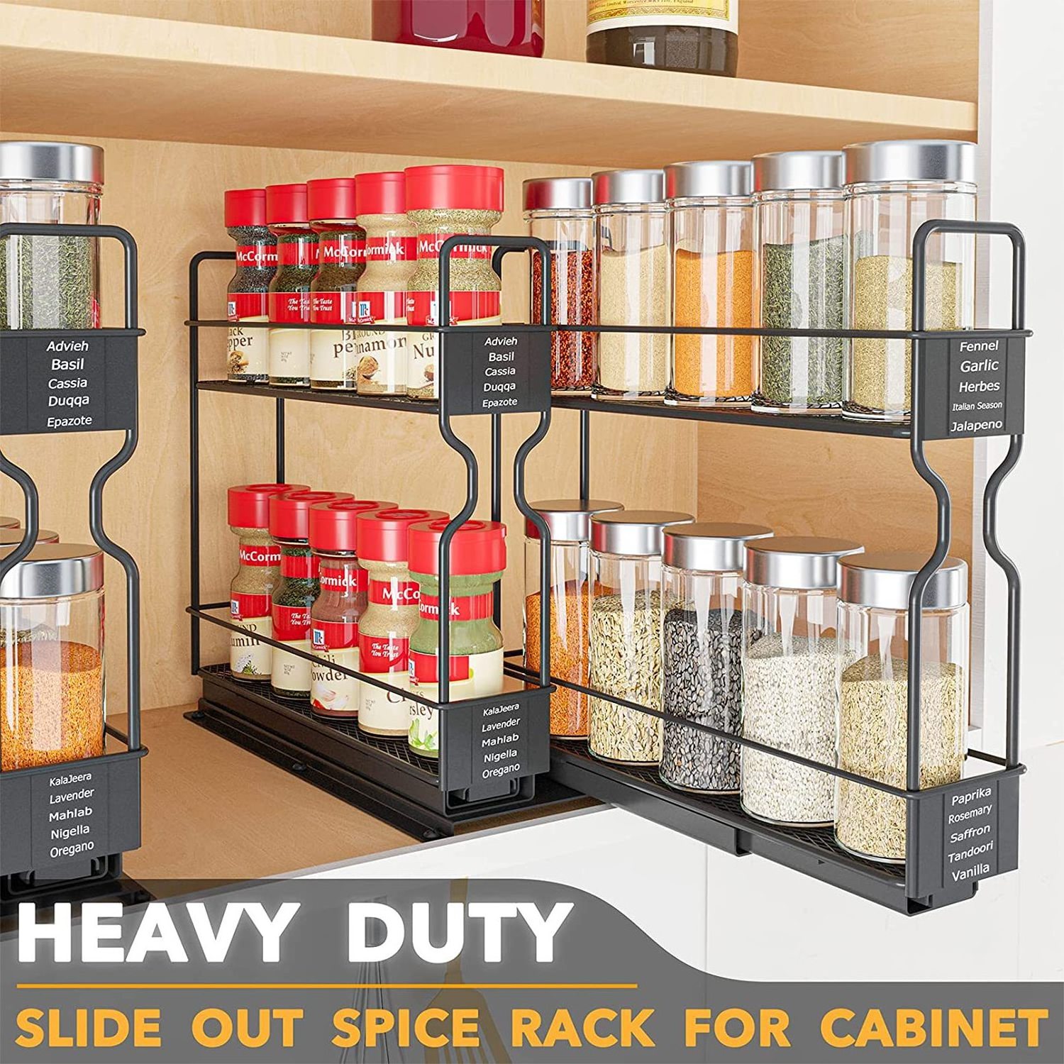 Closet Spice Rack Organizer For Cabinet Heavy Duty Seasoning 2 Tier Kitchen Rack Metal Storage Stand Slide Out Cabinet