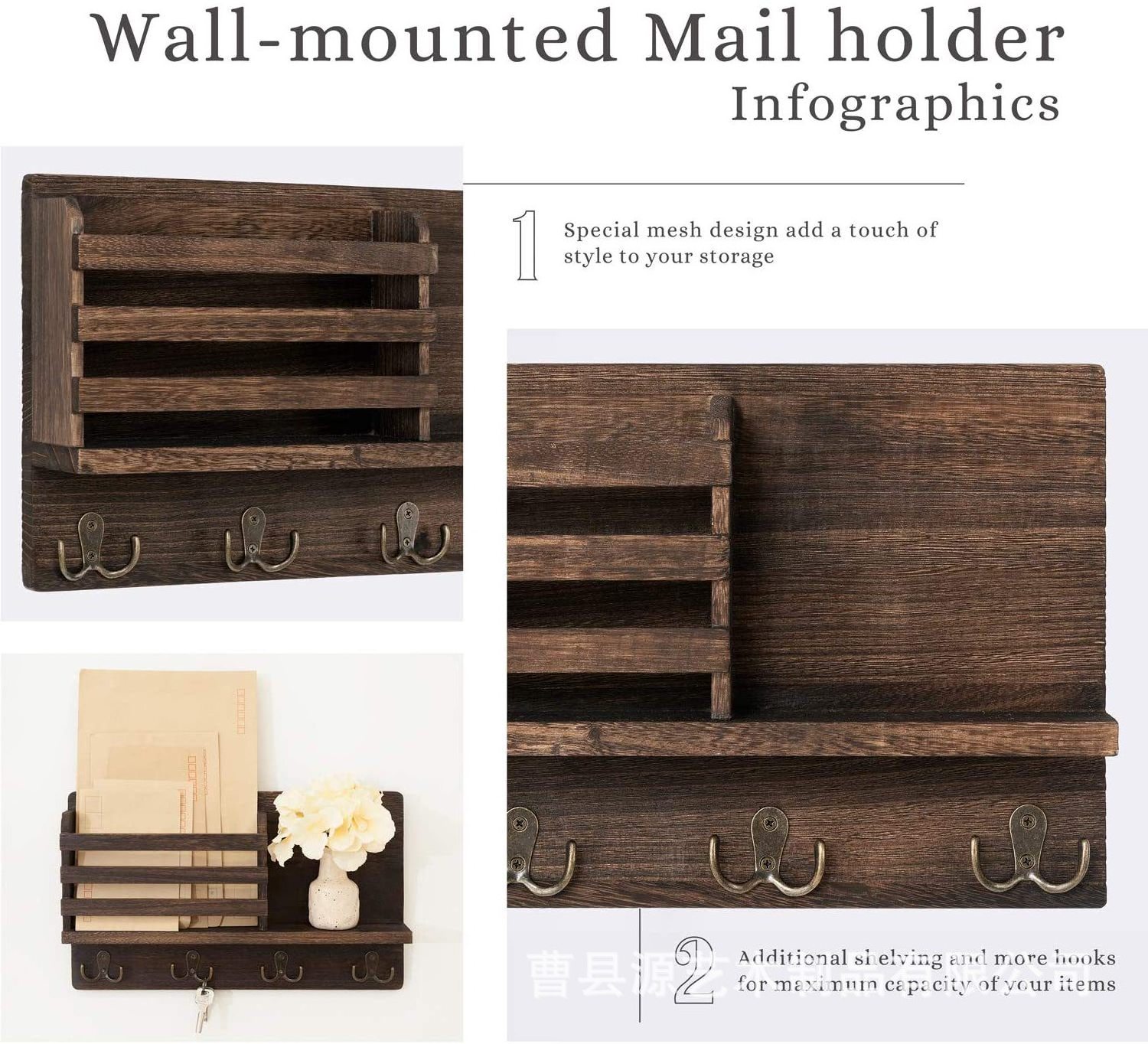 Wall Mounted Storage Rack Mail Sorter Organizer Mail Holder Wooden Key Holder